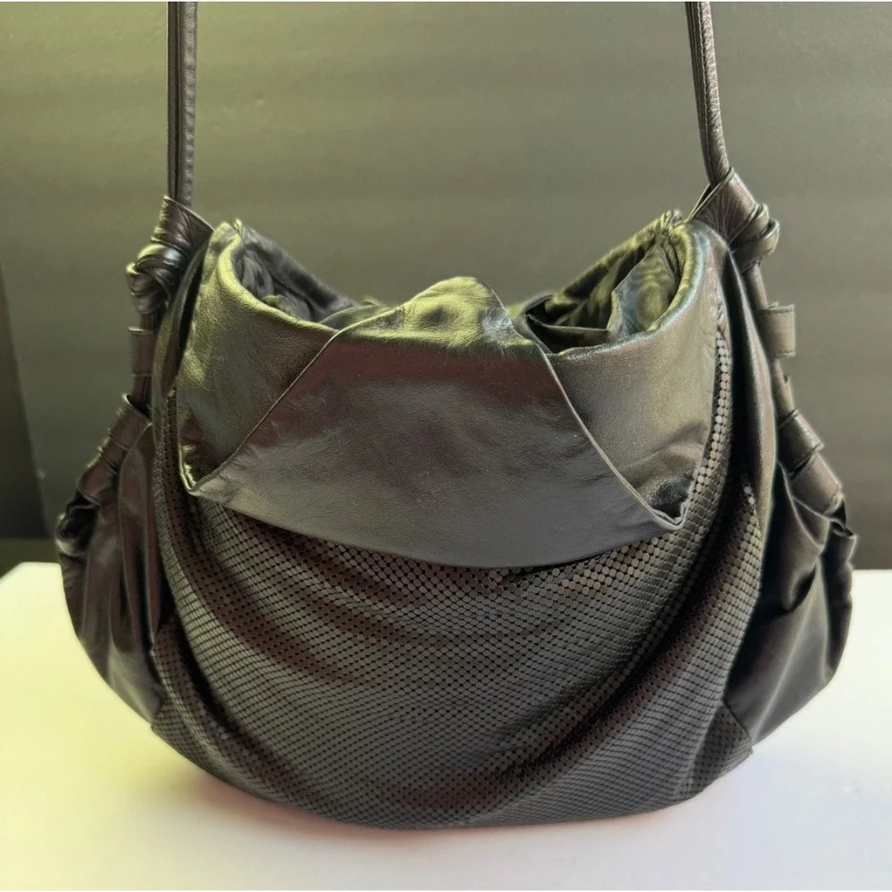 Whiting & Davis Black Mesh Metal Shoulder Bag Vintage 80s Leather L Hobo Slouchy